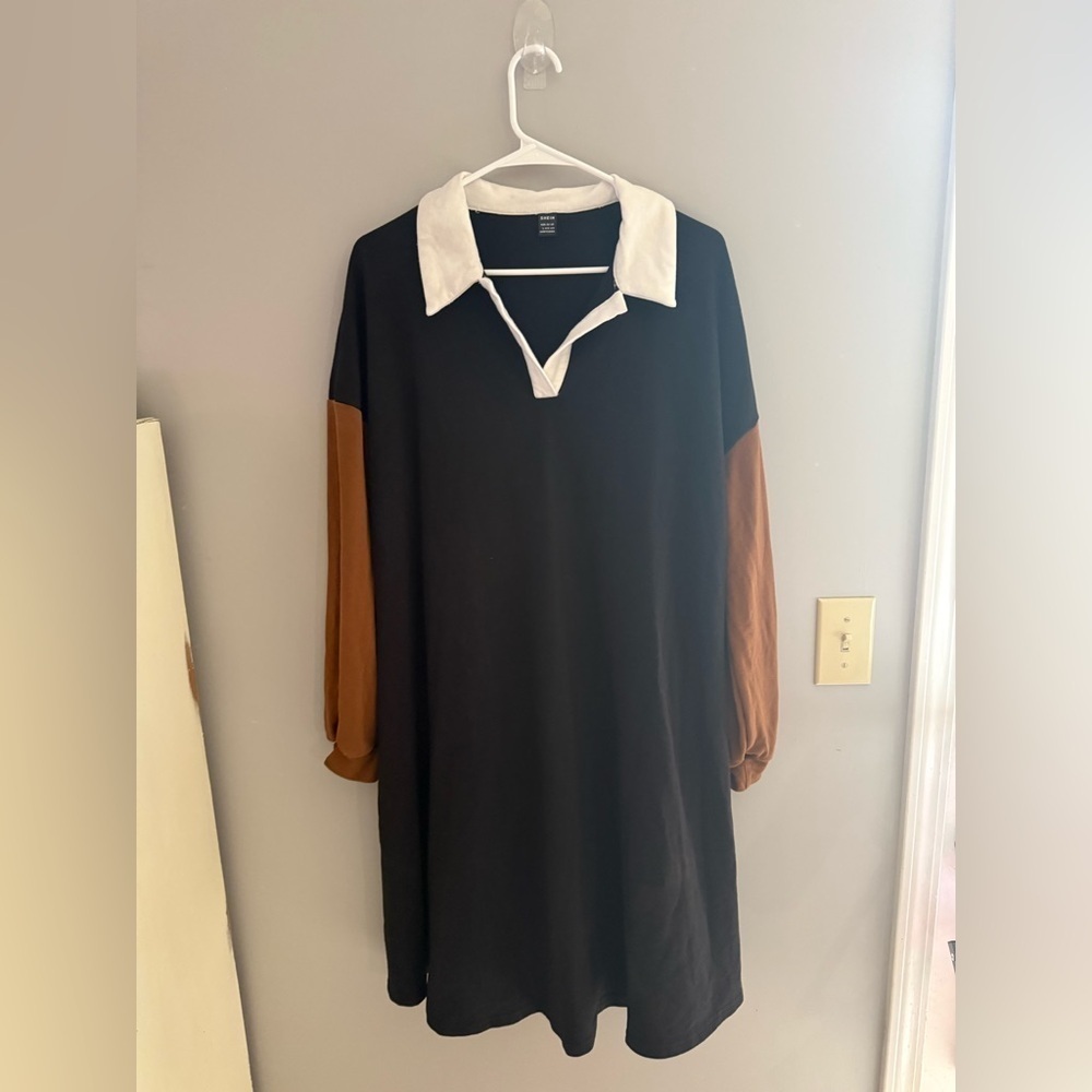 SHEIN Polo Neck T Shirt Dress Womens SZ L Long Sleeve Black Tan White Colorblock